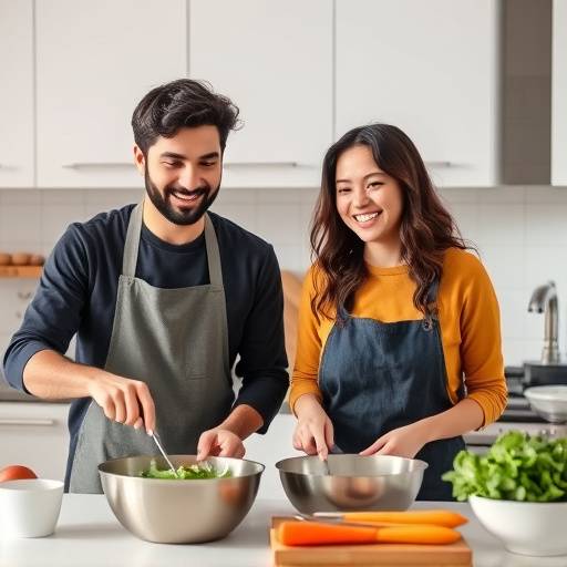 Dos personas cocinando juntas en una cocina moderna, sonriendo y disfrutando del proceso.