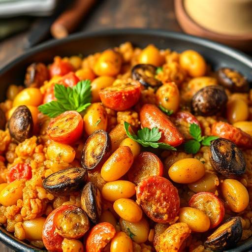 Ejemplo de texto alternativo descriptivo para una imagen de paella valenciana: 'Paella valenciana tradicional en una paellera, con arroz, pollo, conejo, jud&iacute;as verdes y garrof&oacute;'.