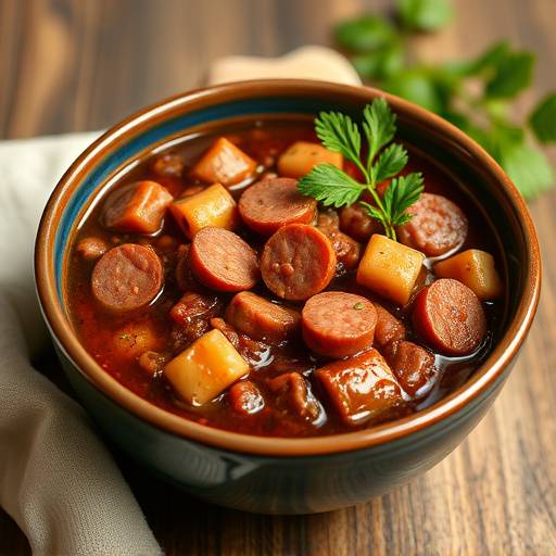 Fabada Asturiana servida en un plato hondo con compango (chorizo, morcilla, lac&oacute;n)