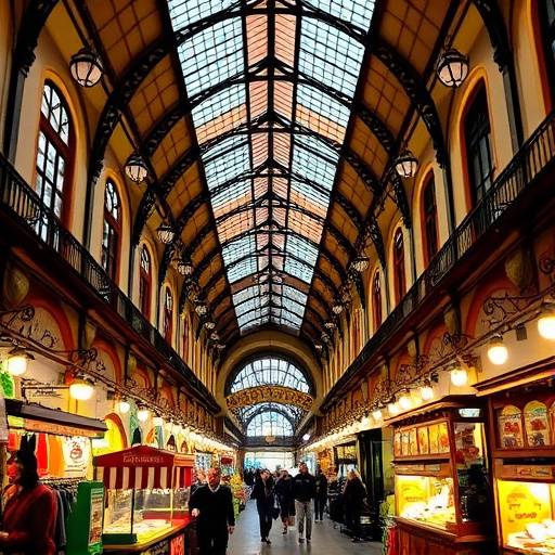 Imagen del interior del Mercado de San Miguel en Madrid, con puestos de comida y mucha gente.