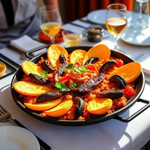 Paella valenciana servida en una mesa familiar