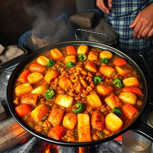 Paella Valenciana tradicional en una paellera sobre un fuego de le&ntilde;a