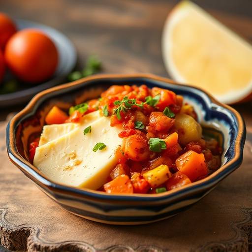 Pisto manchego servido en una fuente de cer&aacute;mica