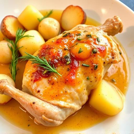 Pollo al ajillo servido con patatas