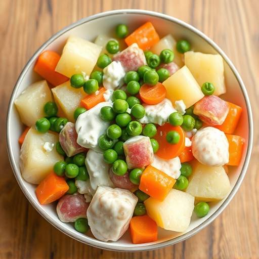Un bol de ensalada rusa simplificada con patatas, guisantes, zanahorias y mayonesa