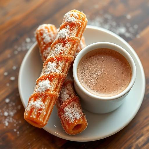 Un plato de churros crujientes espolvoreados con az&uuml;car, servidos con una taza de chocolate caliente.