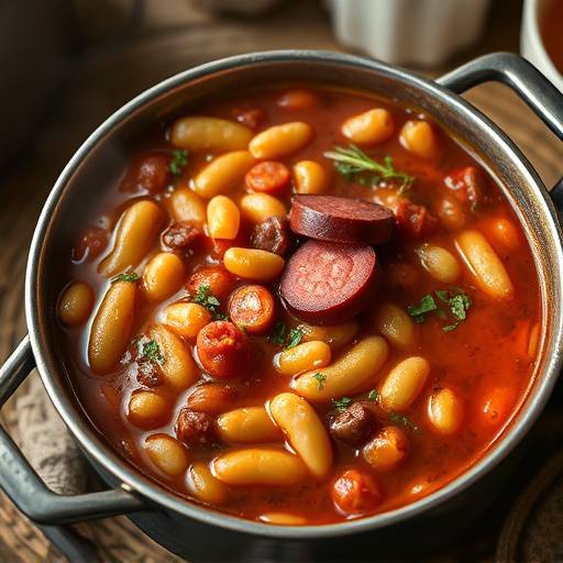 Un plato de fabada asturiana humeante, con alubias blancas, chorizo, morcilla y tocino.