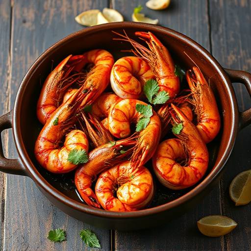 Un plato de gambas al ajillo humeantes servidas en una cazuela de barro