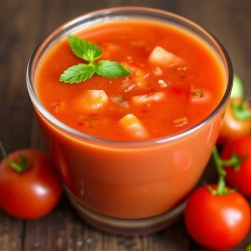 Un plato de gazpacho andaluz fresco, servido con trozos de pepino, tomate y pimiento verde.