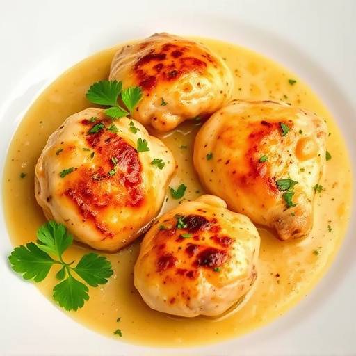 Un plato de pollo al ajillo cocinado en una sart&eacute;n con ajos dorados y perejil fresco