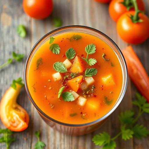 Un refrescante vaso de gazpacho andaluz adornado con trozos de verdura fresca