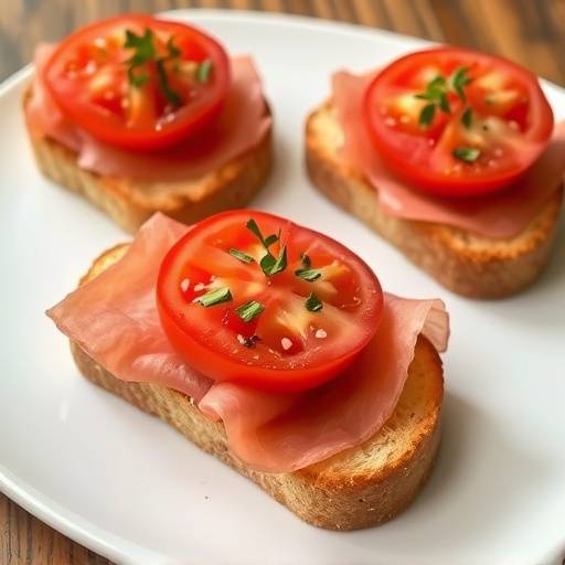 Una tabla de madera con montaditos de jam&oacute;n serrano y tomate sobre pan tostado